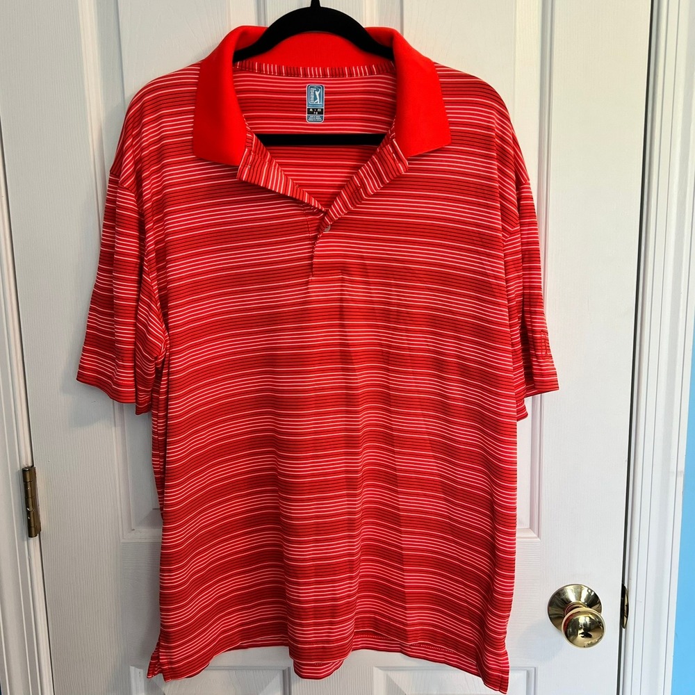 PGA Tour Mens XL Red White Striped‎ Short Sleeve Golf Polo Shirt Performance
